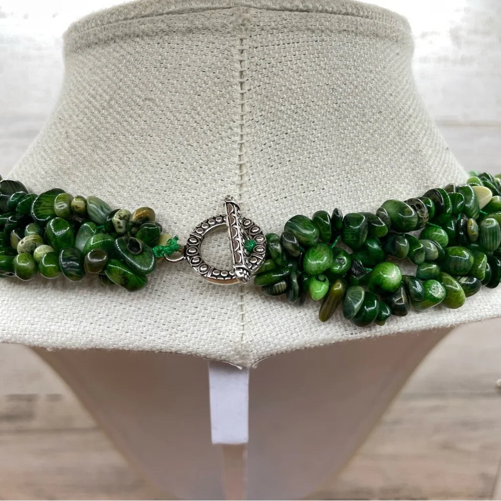 Beautiful Unsigned Green Jasper Multi Layer Statement Necklace Silver Tone